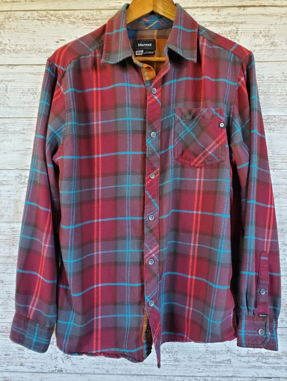 Marmot Men's M Plaid Flannel Shirt Burgundy Teal CoolMax Button Up